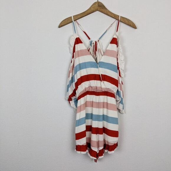 Lovers & Friends Malia Striped Cold Shoulder Ruffle Romper Size M - Picture 3 of 7